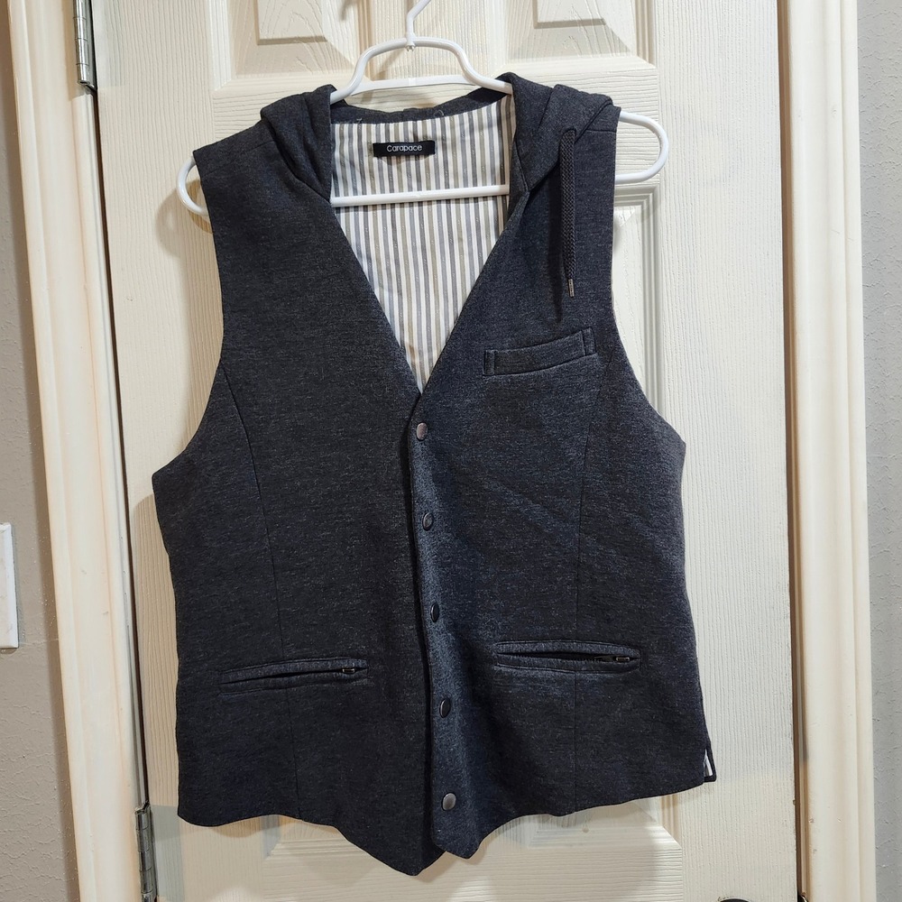 Carapace Mens Charcoal Gray Hooded Vest Snap Front Waistcoat TOC11-4C Large